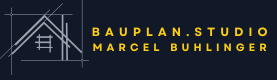 Skizziertes Haus auf dunkelblauem Hintergrund, mit dem Firmennamen Bauplan.Studio Marcel Buhlinger in Gelb daneben